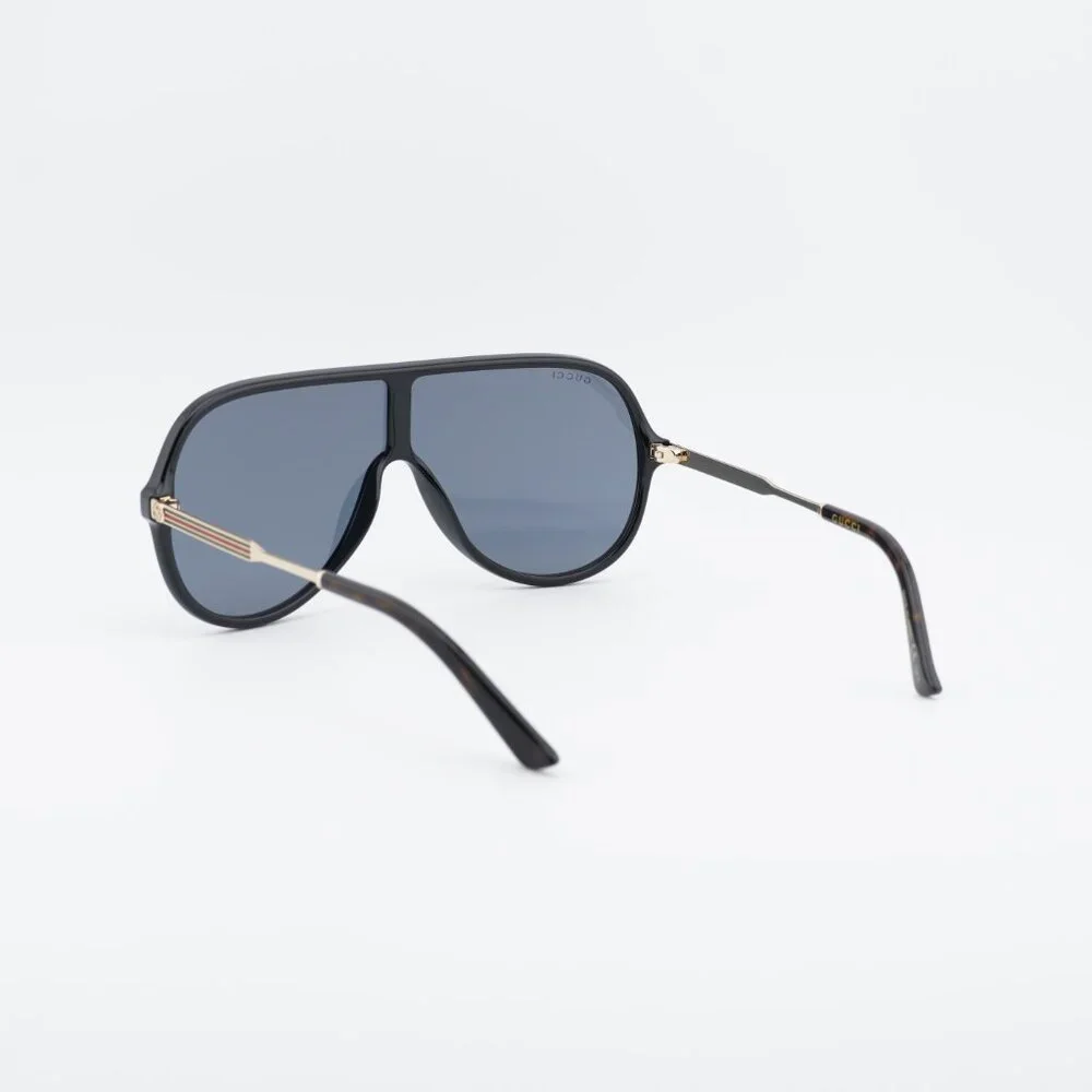 Gucci GG0199S 001 Sunglasses Shiny Black/Gold Shield Frame, Grey Lenses